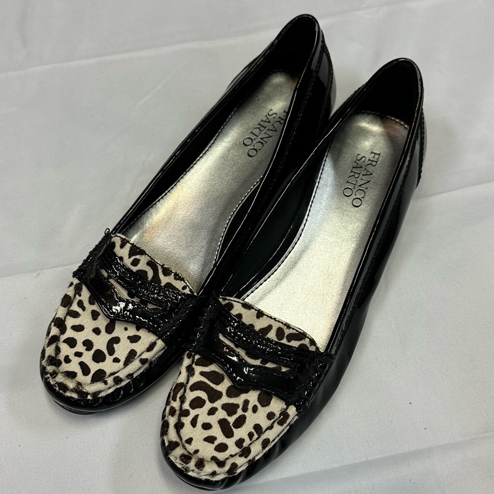 Franco Sarto Black Patent Loafers with Leopard Print